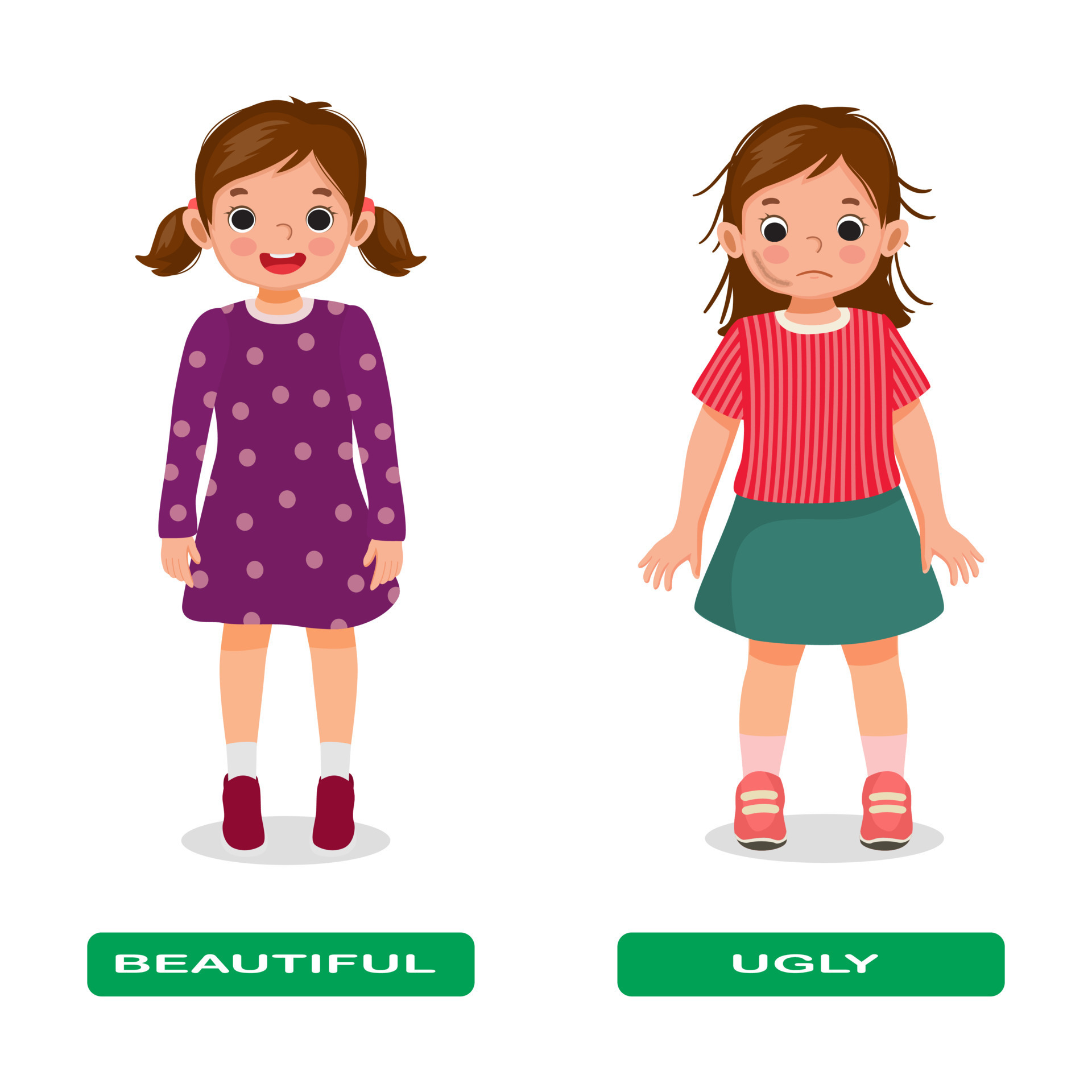Opposite adjective antonym words beautiful and ugly illustration of pretty little girl with tied