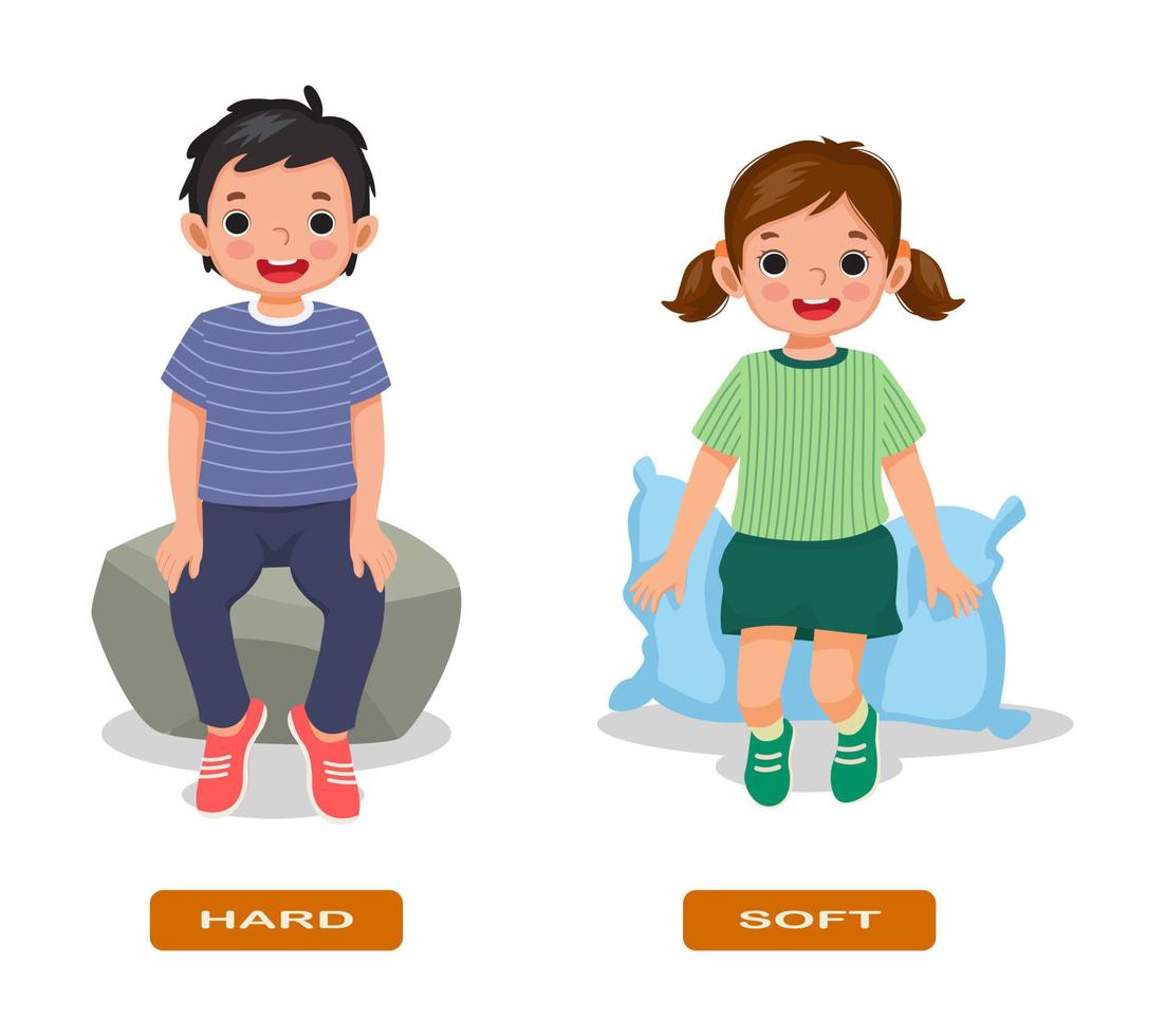 Opposite adjective antonym words hard and soft illustration of little boy and girl sitting on rock and pillow vector