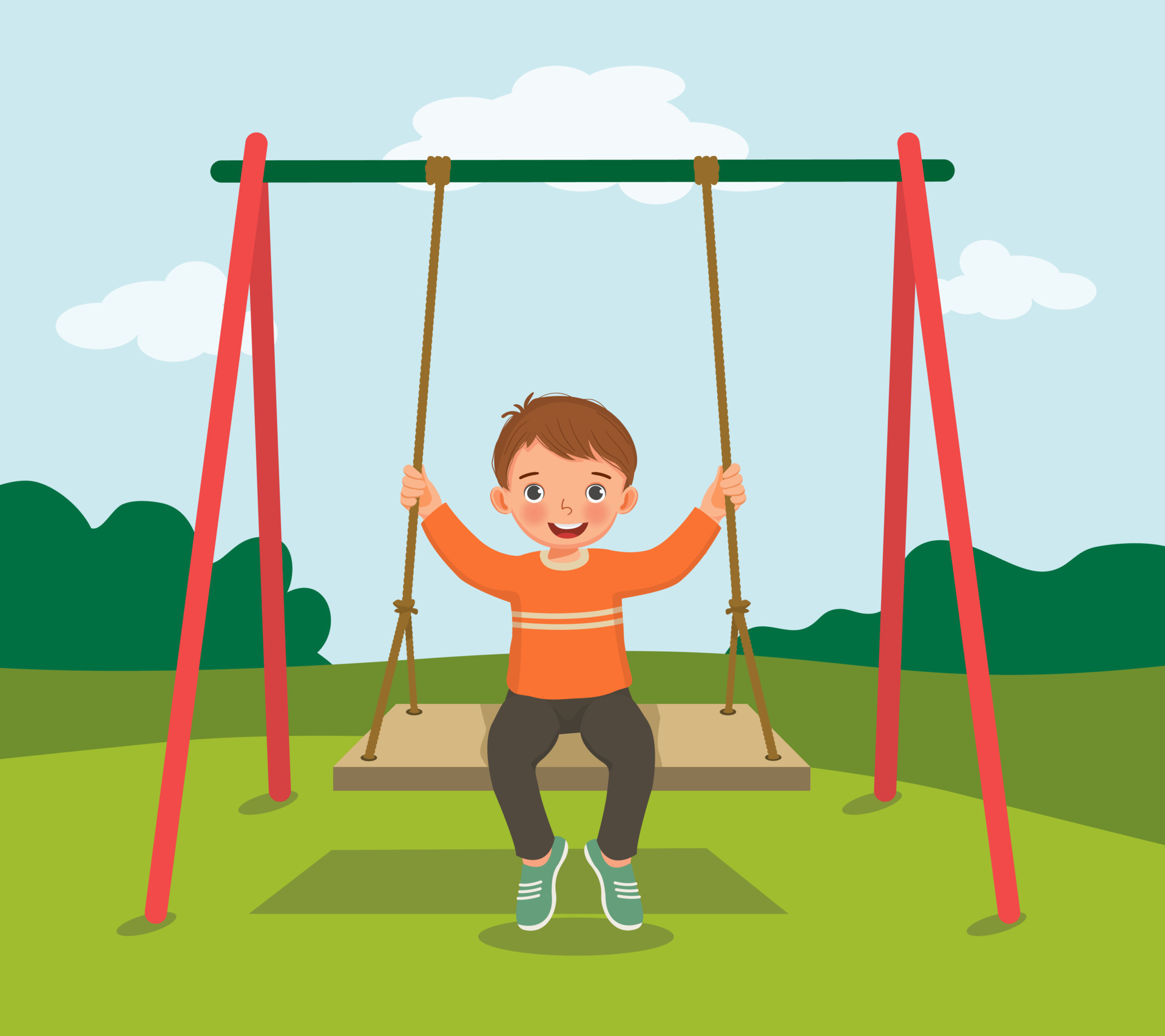 cute little boy swinging and having fun on rope wooden swing in