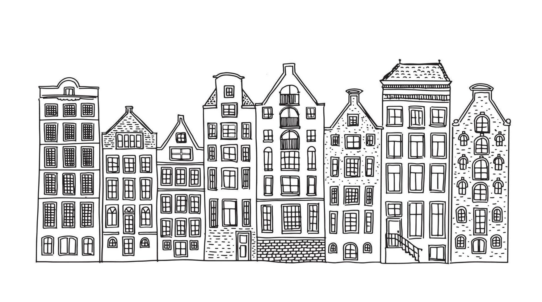 casas fachadas en una fila, amsterdam ilustración dibujada a mano. vector