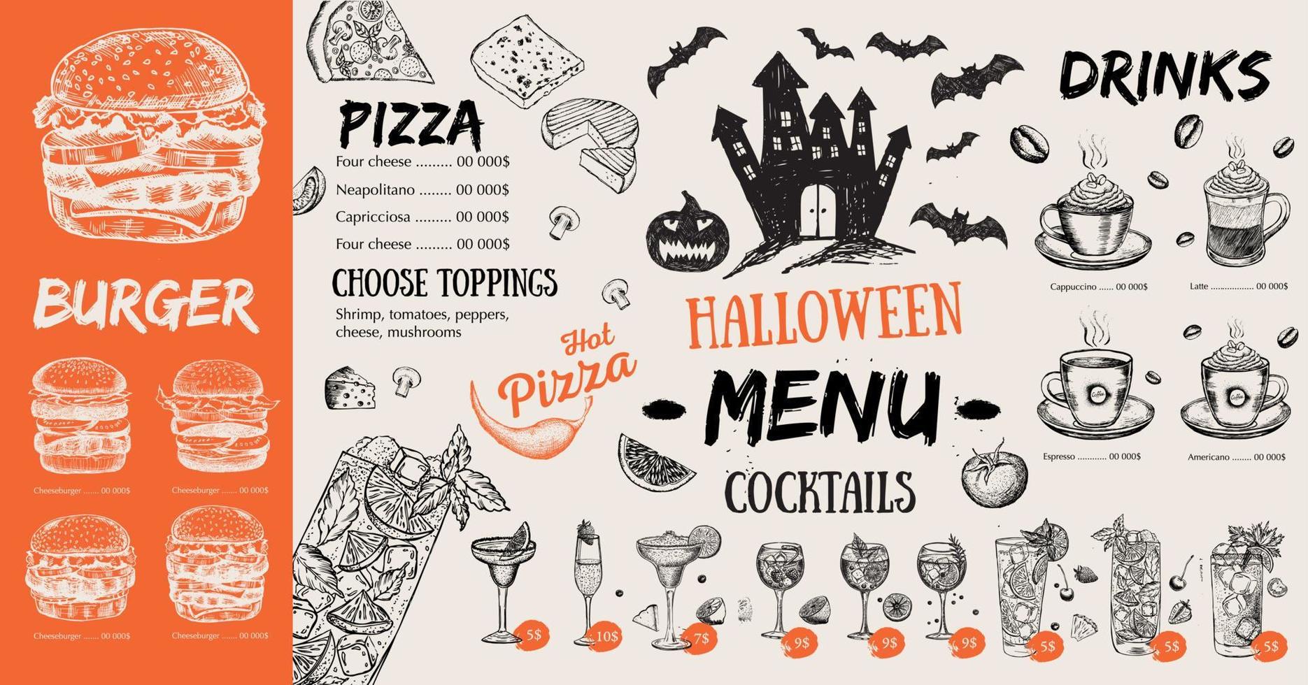 menú de cafetería restaurante, diseño de plantilla, menú de halloween, volante de comida. vector