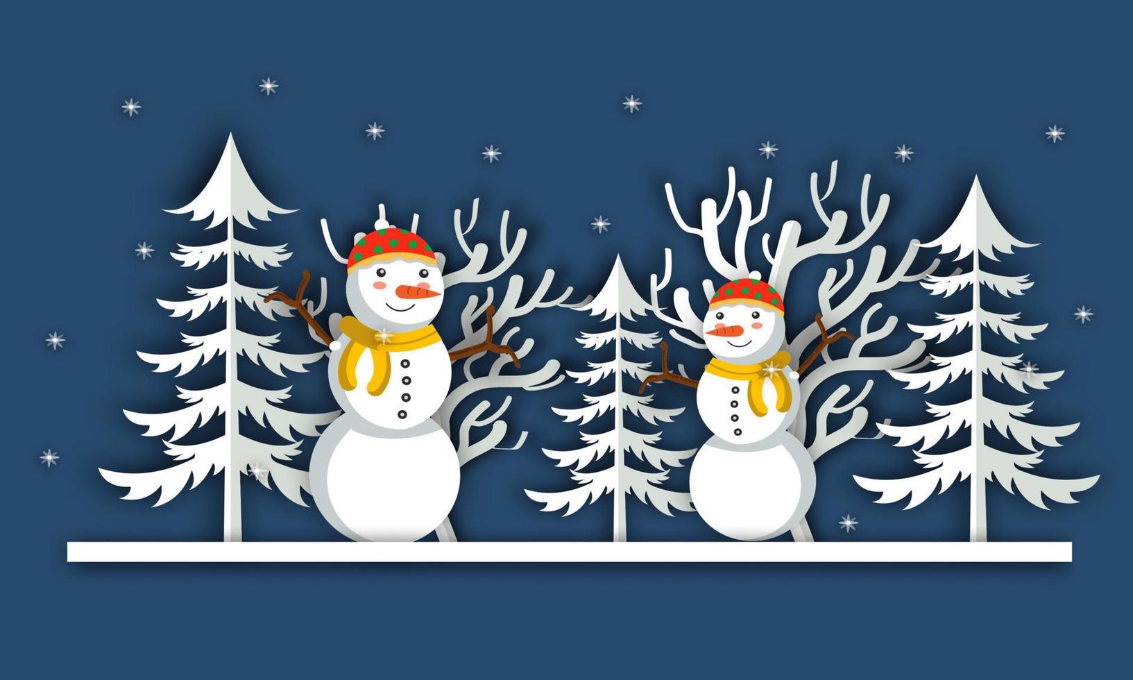 Flat design winter landscape, chirstmas greeting, snowman and tree on snow,paper style background vector