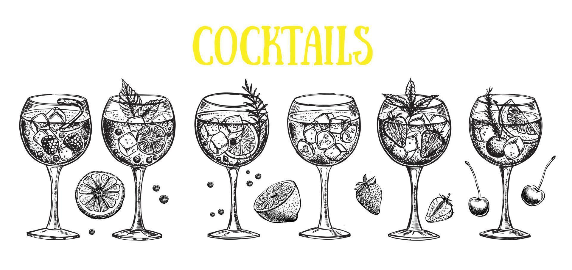 Cocktail menu design template. Alcoholic cocktails hand drawn. vector