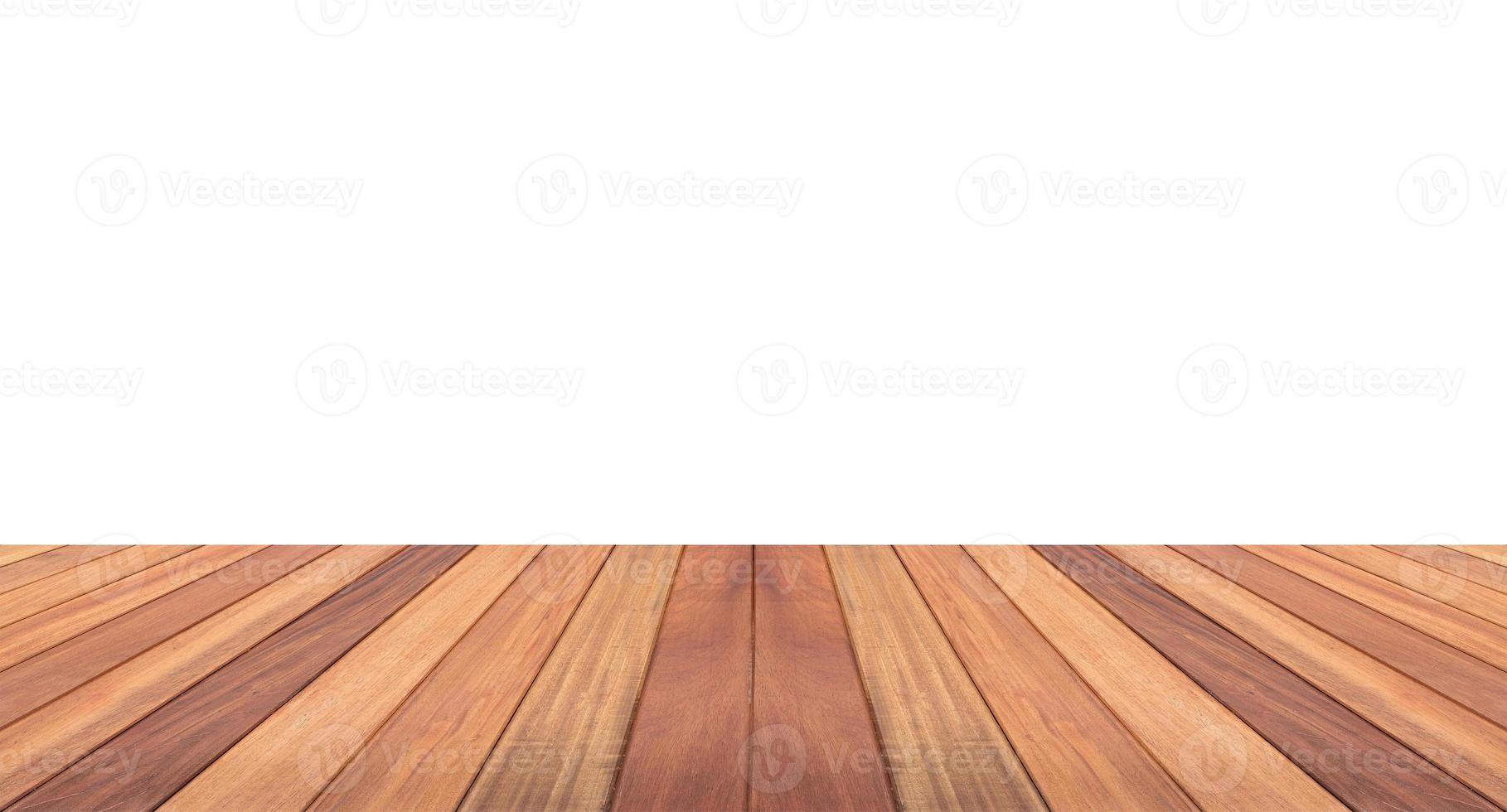 Empty wooden table top isolated on white background for montage product display photo