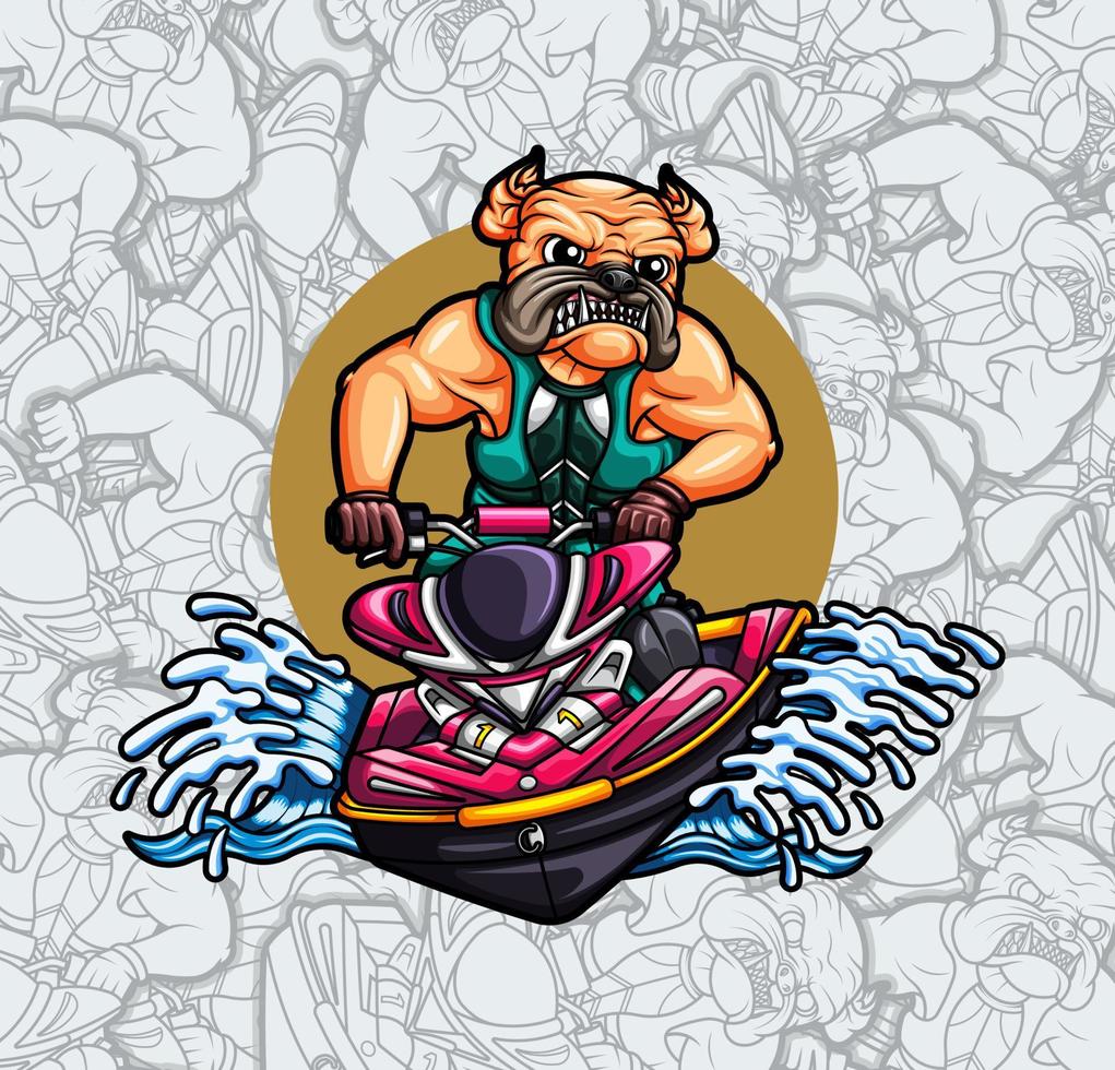 Cute pug dog riding a jet ski boat illustration vector