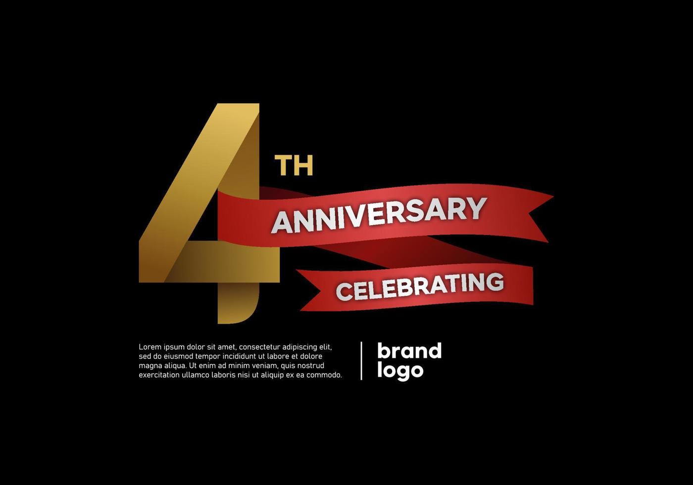 Logotipo de aniversario de 4 años en oro y rojo sobre fondo negro vector