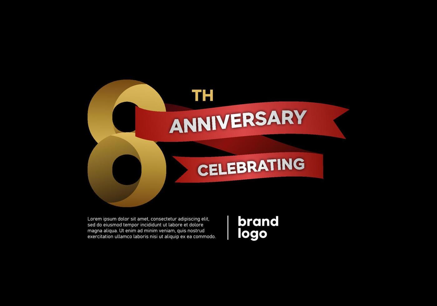 logotipo de aniversario de 8 años en oro y rojo sobre fondo negro vector