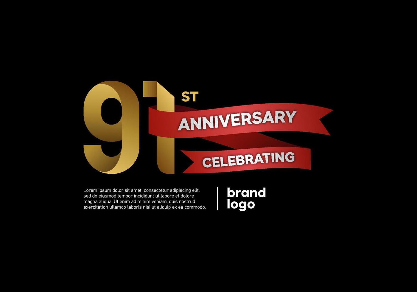 91 year anniversary logo in gold and red on black background vector