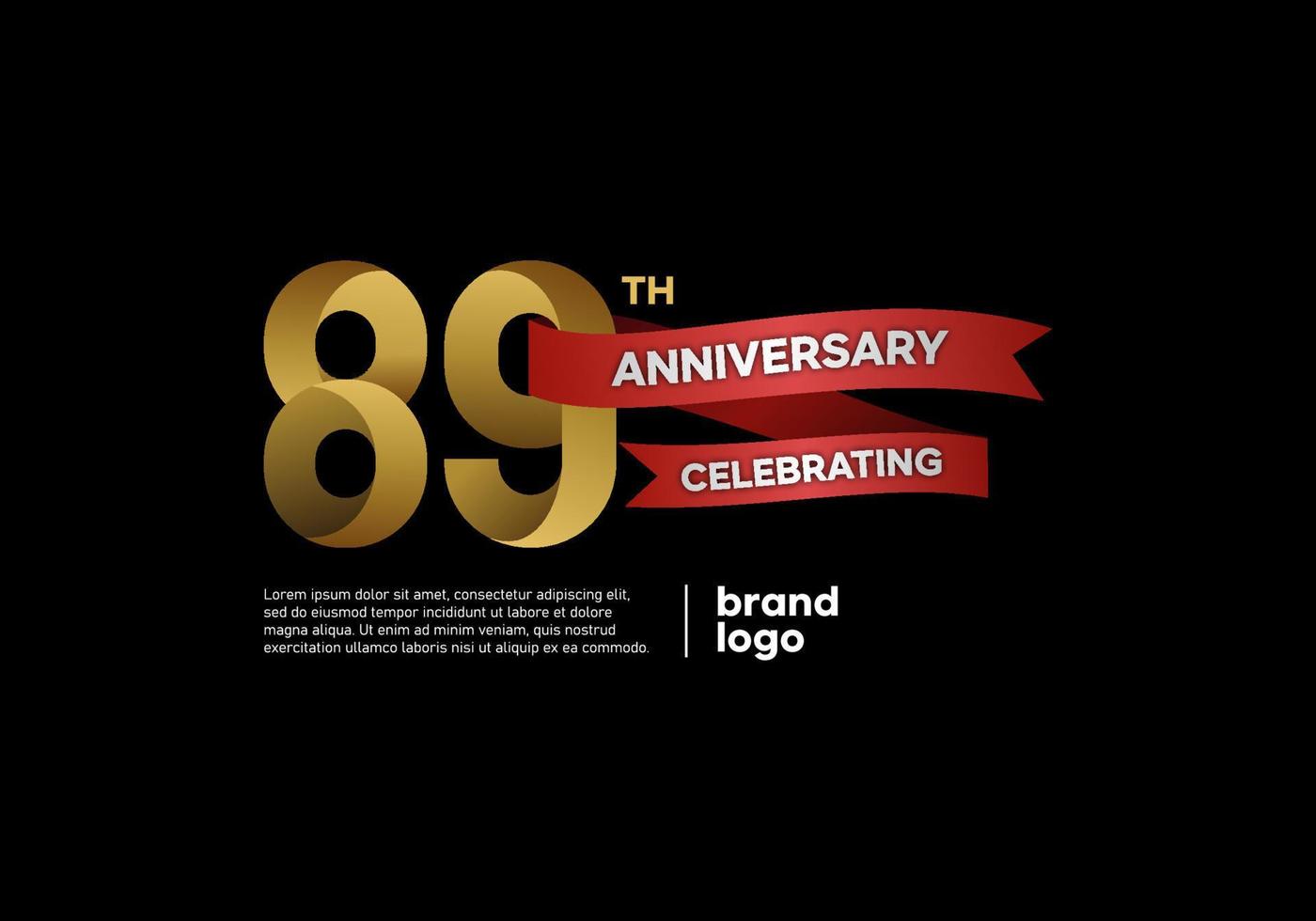 Logotipo del aniversario de 89 años en oro y rojo sobre fondo negro vector