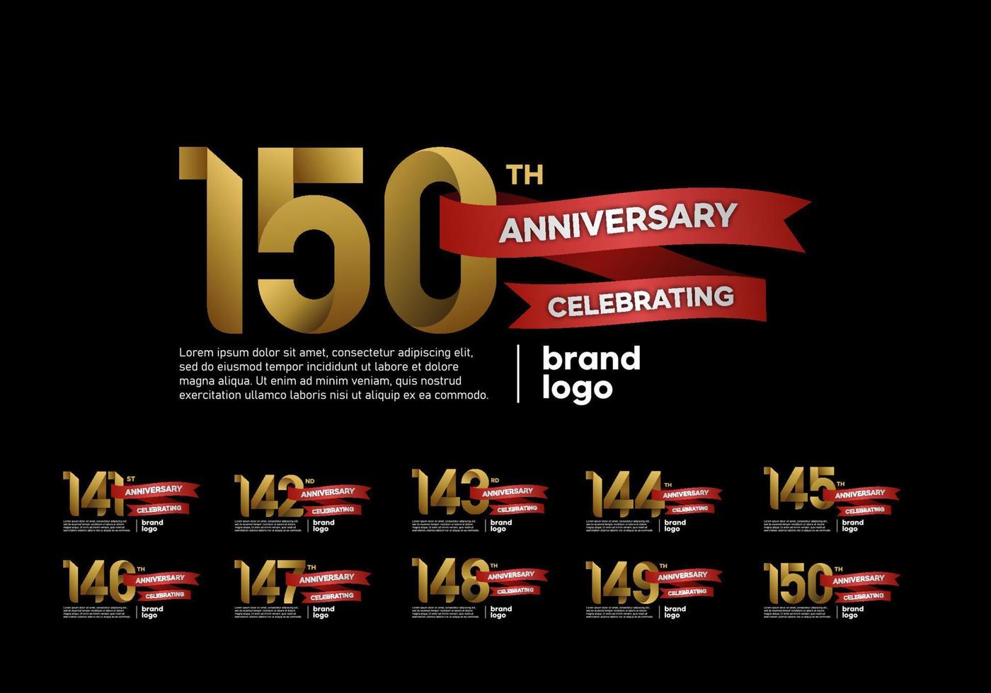 set of anniversary celebration logotype with gold and red color. number 141, 142, 143, 144, 145, 146, 147, 148, 149, 150 vector