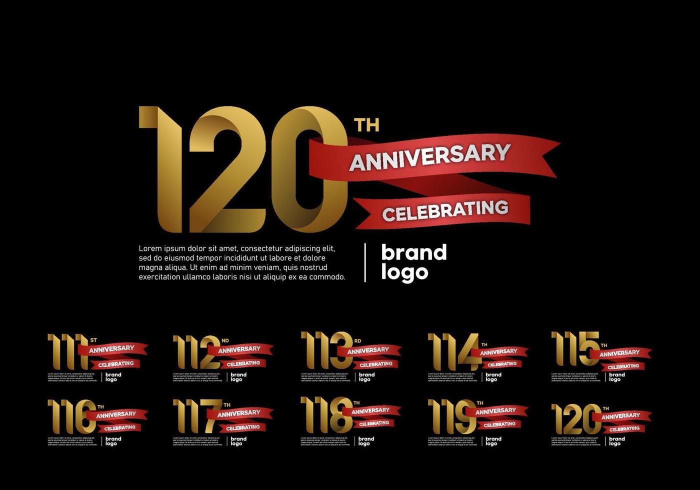 set of anniversary celebration logotype with gold and red color. number 111, 112, 113, 114, 115, 116, 117, 118, 119, 120 vector