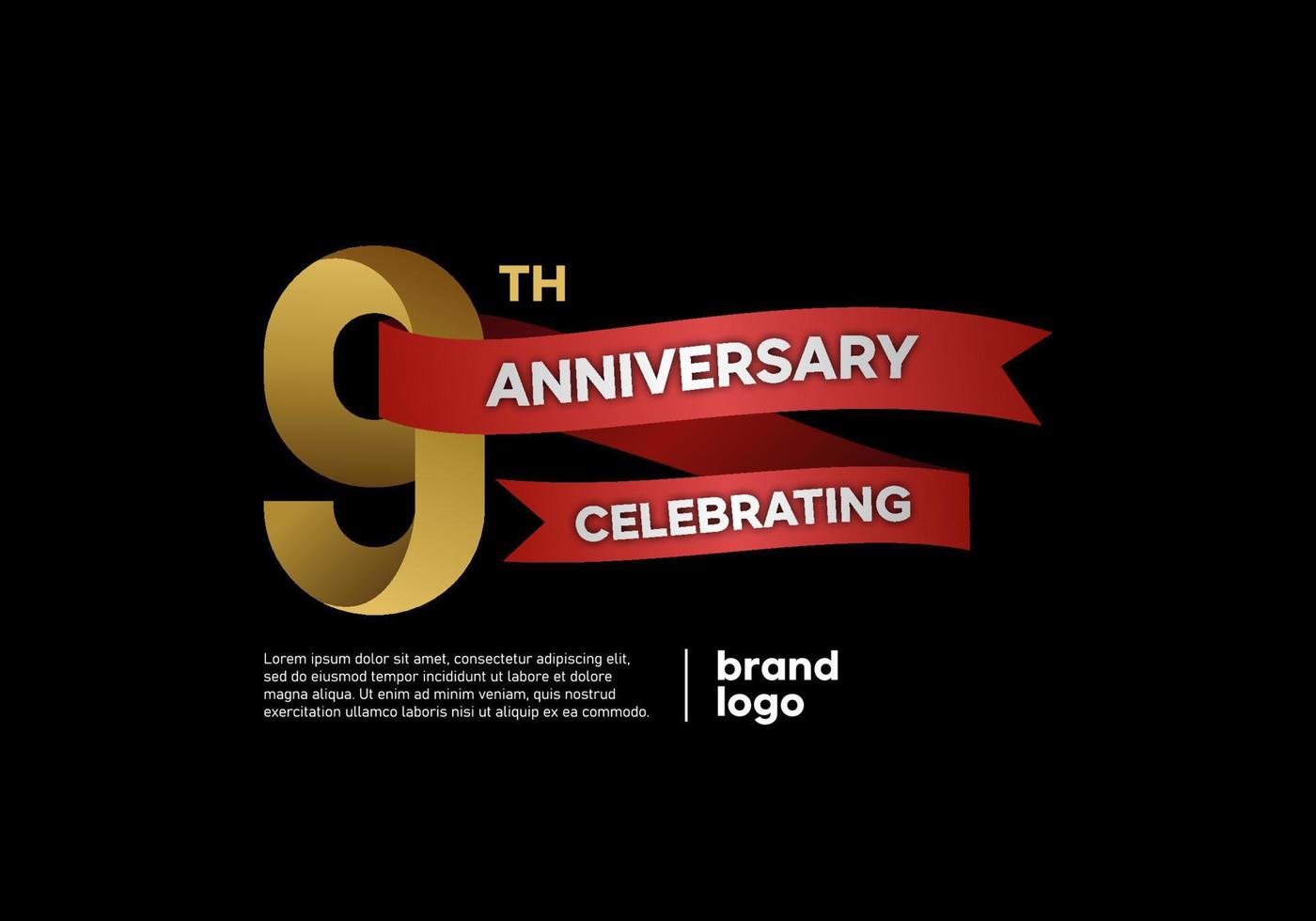 Logotipo de aniversario de 9 años en oro y rojo sobre fondo negro vector