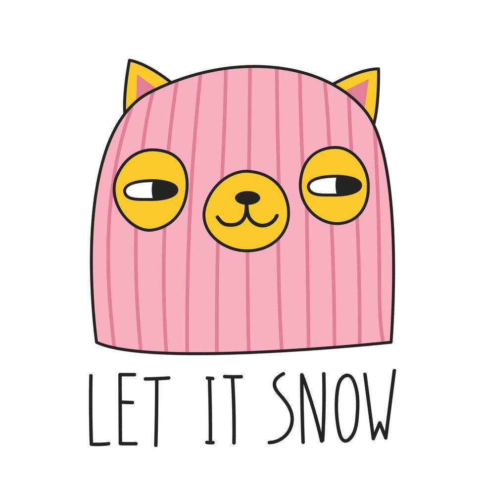 Cute cat in a pink balaclava and lettering LET IT SNOW. Doodle style. Vector illustration