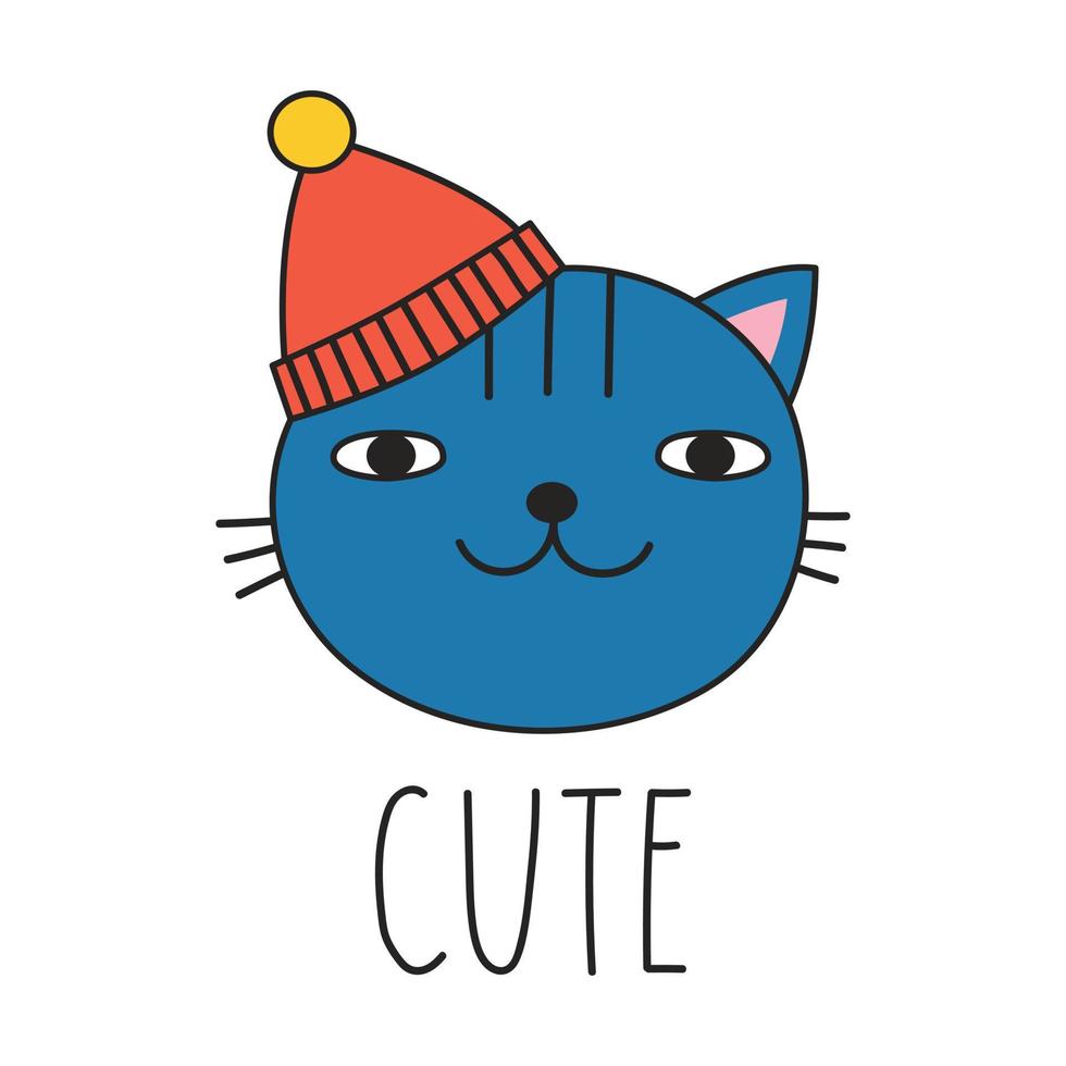 Cute cat in a winter hat and lettering CUTE. Doodle style. Vector illustration