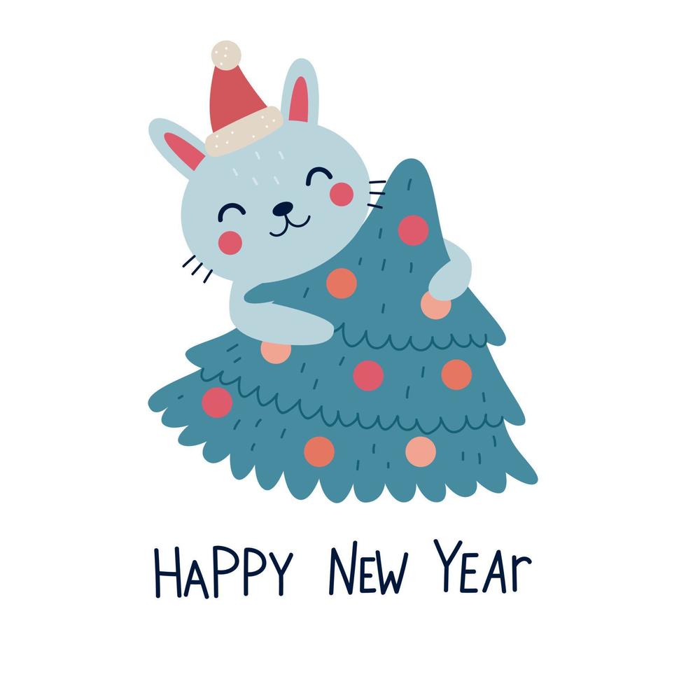 Cute Bunny with christmas tree and lettering Happy New Year. Vector illustration