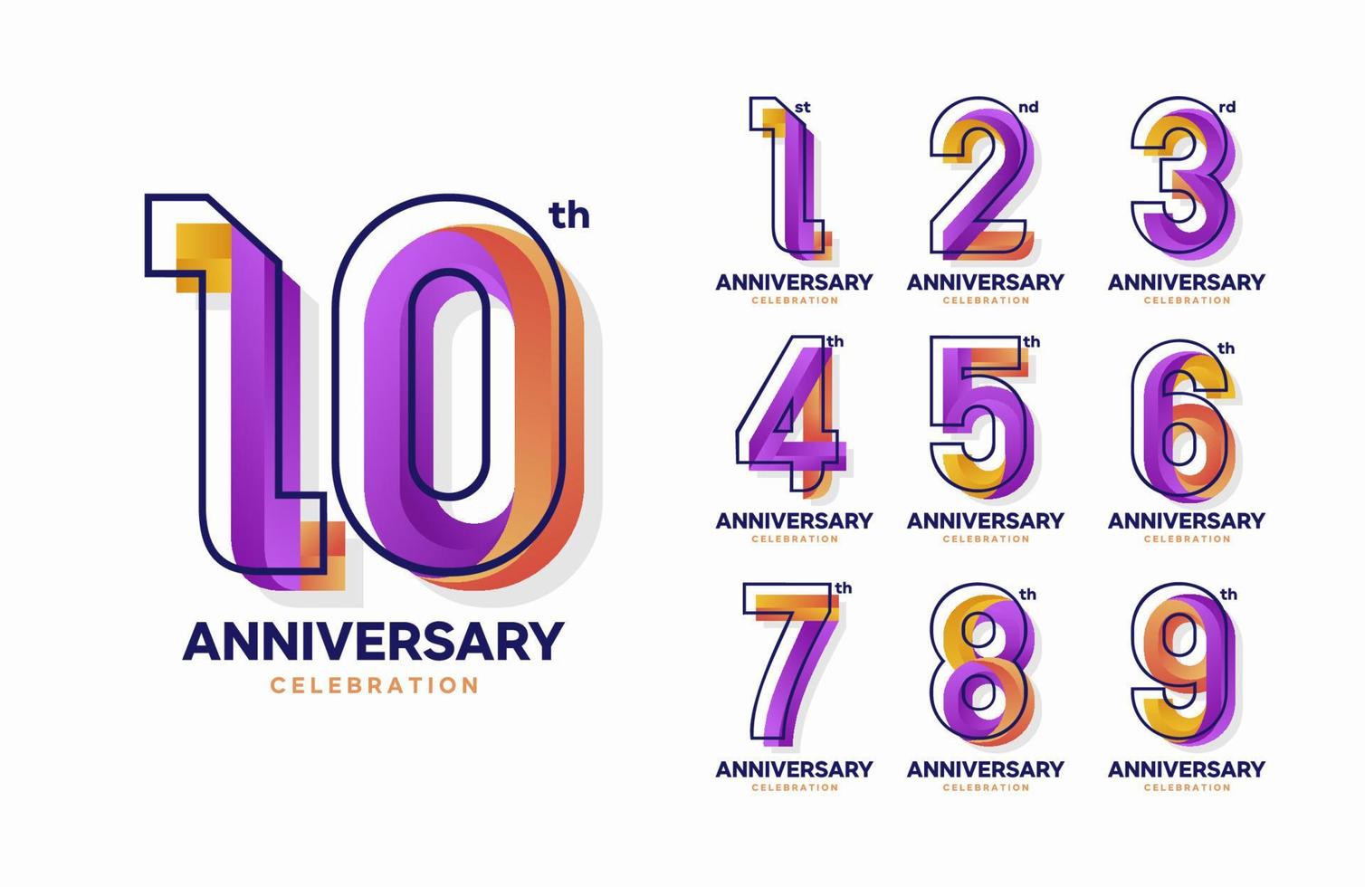 set of colorful anniversary logotype. 1, 2, 3, 4, 5, 6, 7, 8, 9, 10 vector