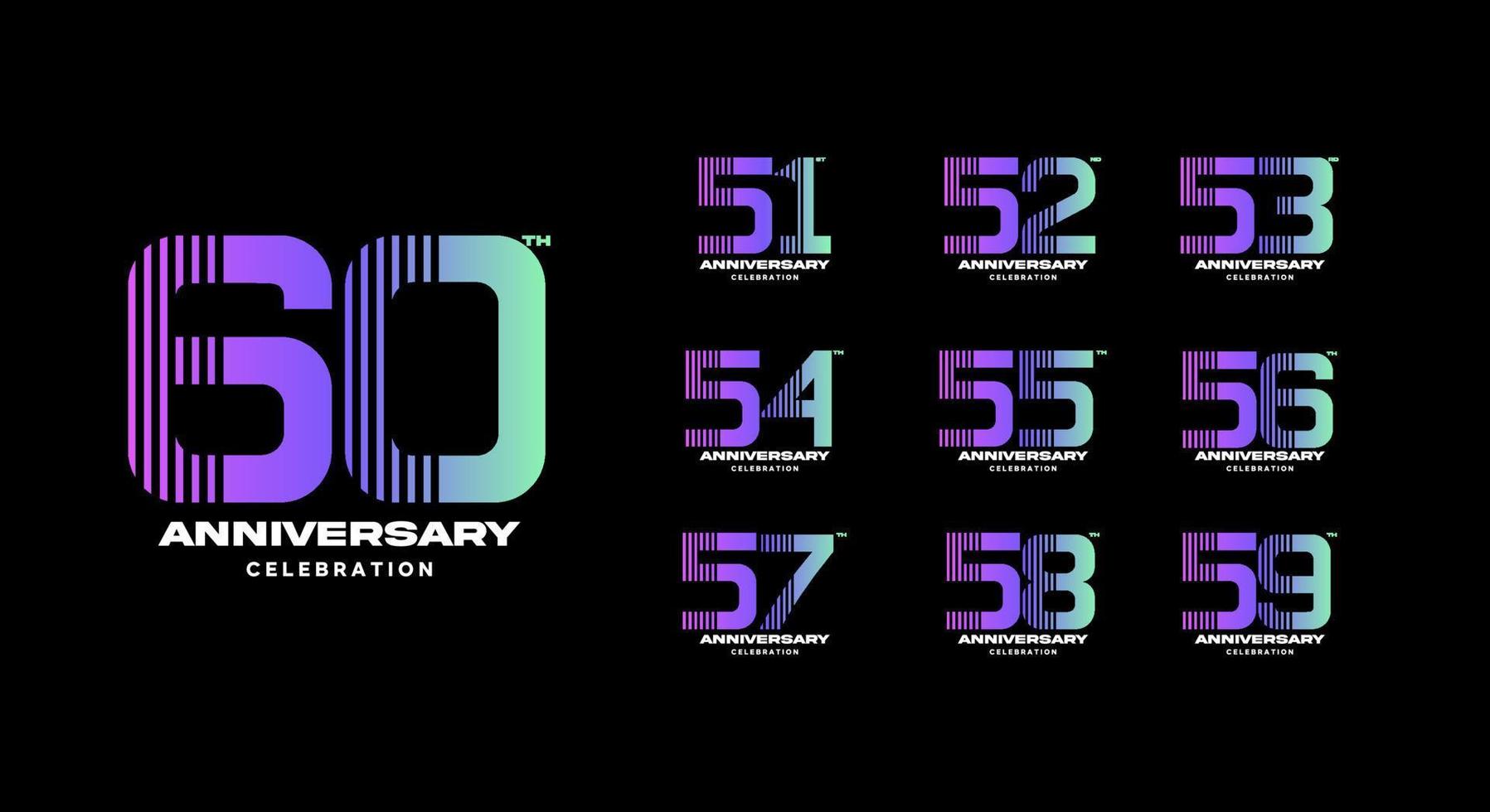 conjunto de colorido logotipo de aniversario. 51, 52, 53, 54, 55, 56, 57, 58, 59, 60 vector