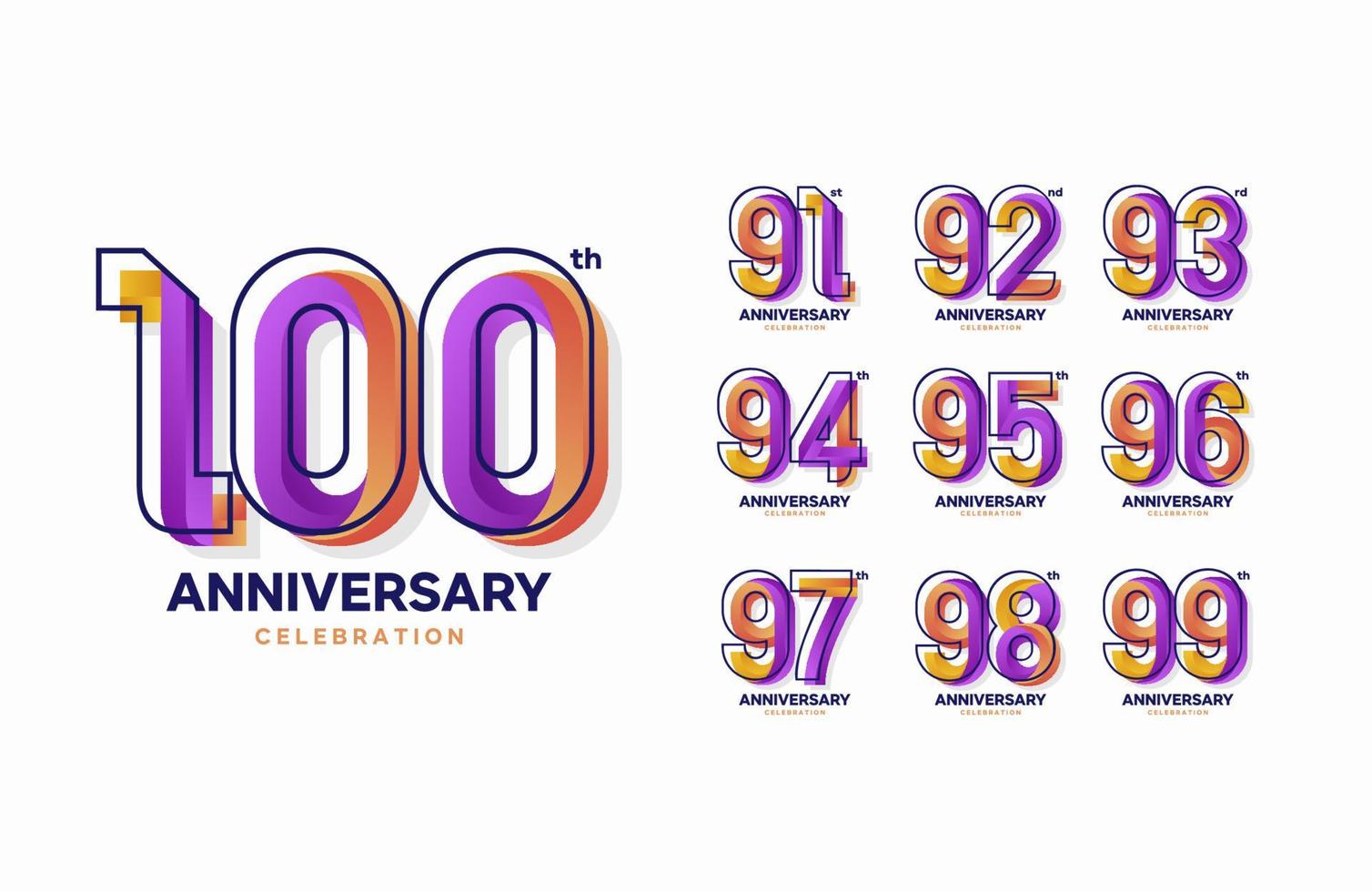 set of colorful anniversary logotype. 91, 92, 93, 94, 95, 96, 97, 98, 99, 100 vector