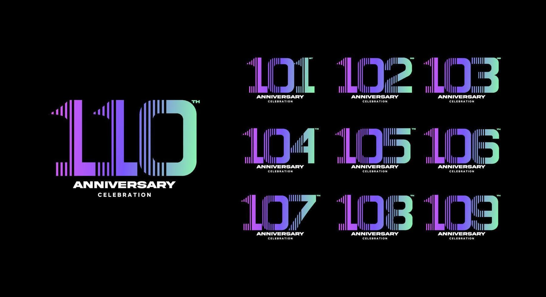 conjunto de colorido logotipo de aniversario. 101, 102, 103, 104, 105, 106, 107, 108, 109, 110 vector