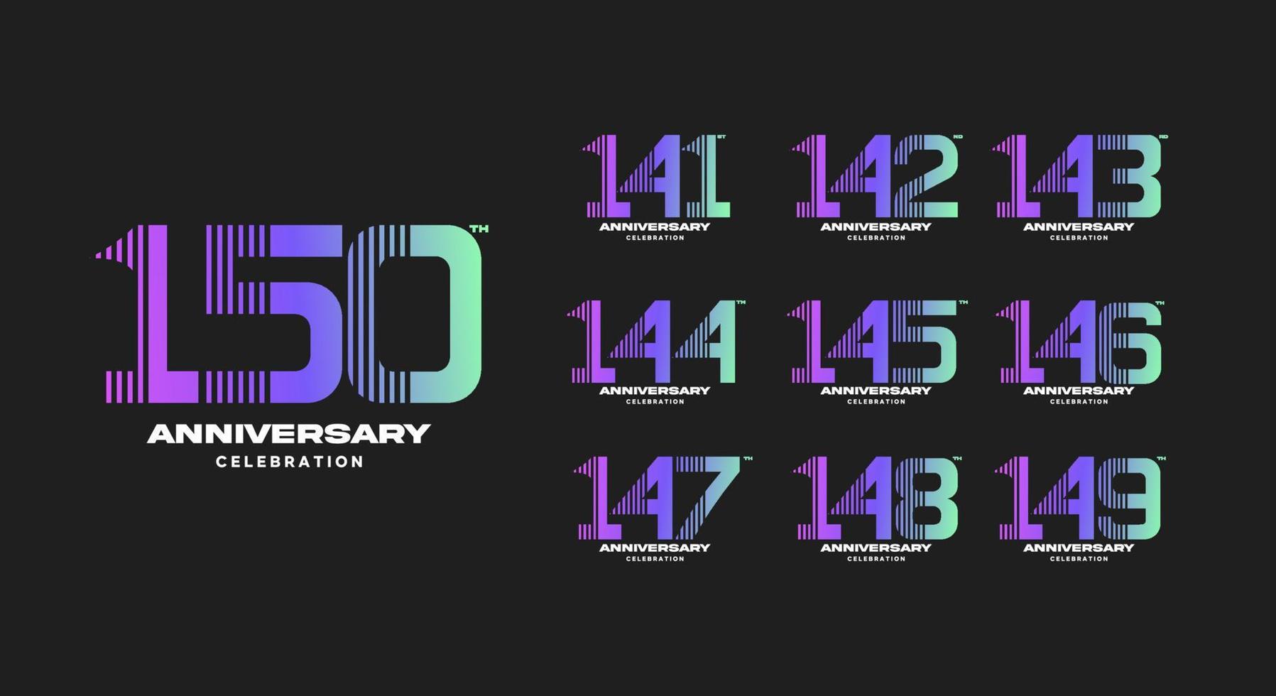 set of colorful anniversary logotype. 141, 142, 143, 144, 145, 146, 147, 148, 149, 150 vector