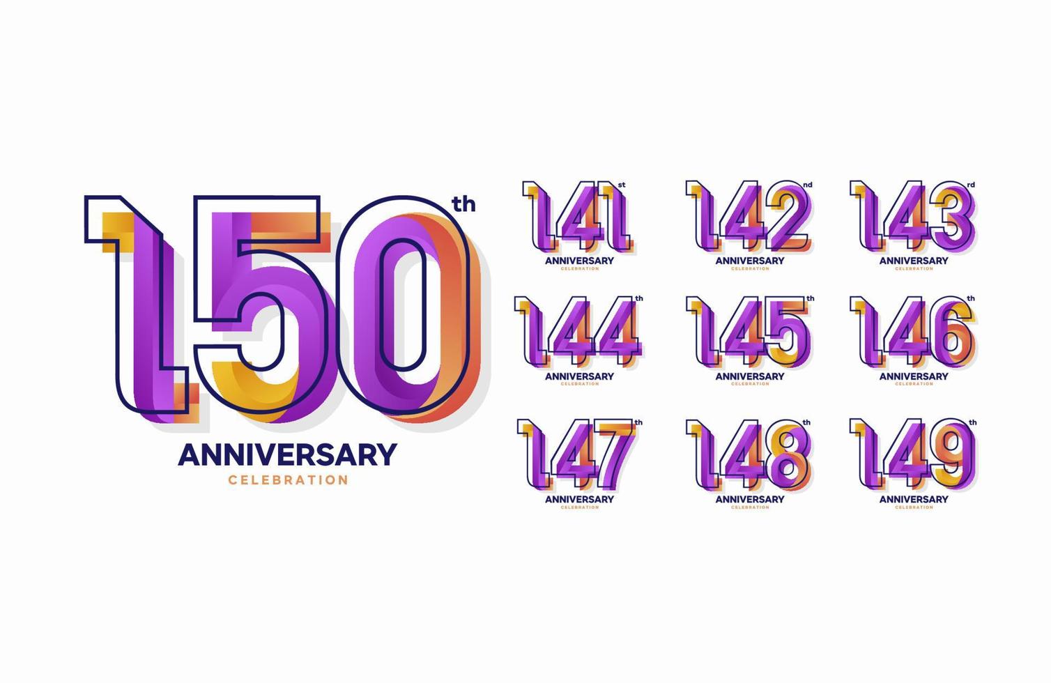 set of colorful anniversary logotype. 141, 142, 143, 144, 145, 146, 147, 148, 149, 150 vector