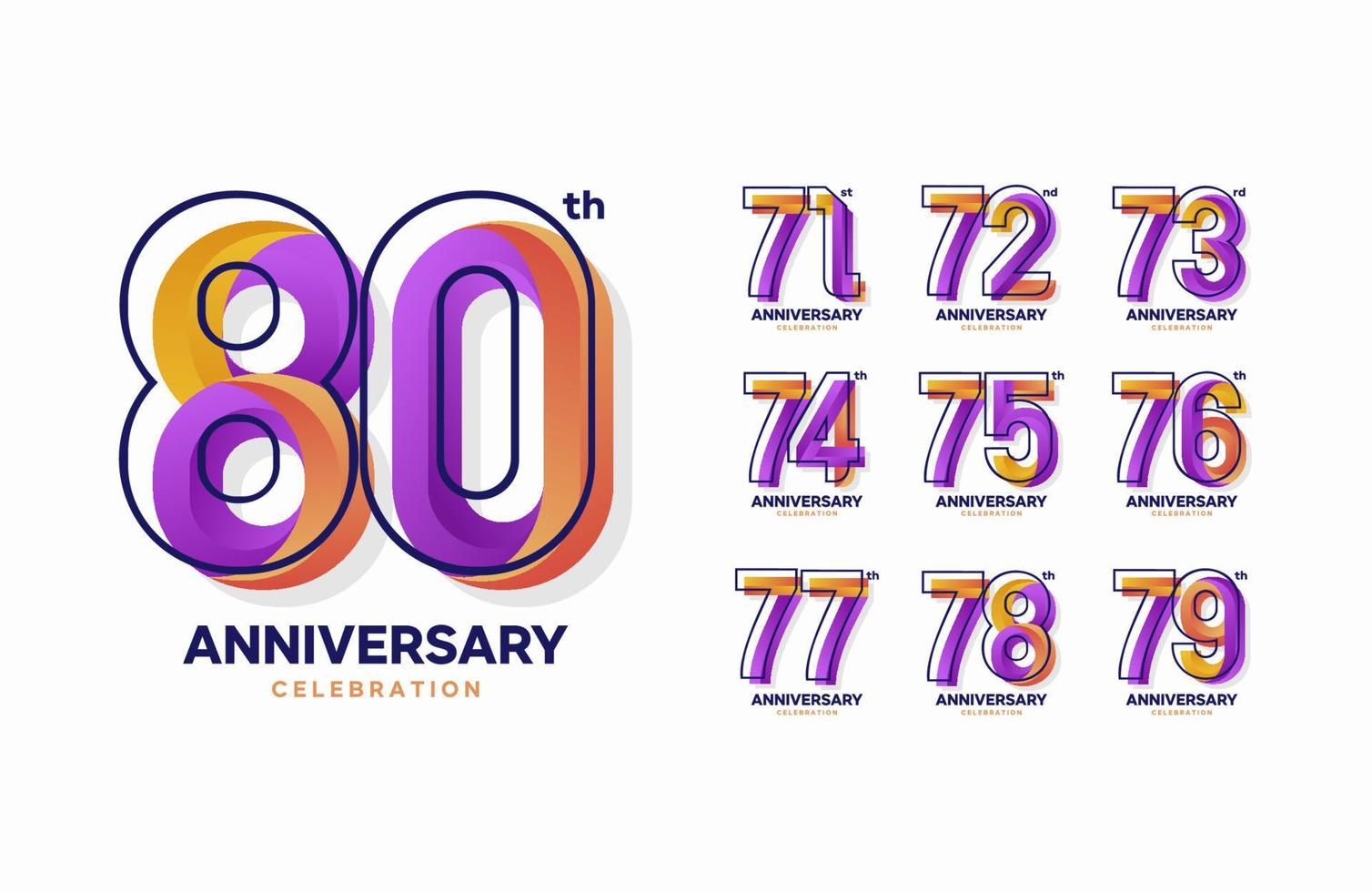 conjunto de colorido logotipo de aniversario. 71, 72, 73, 74, 75, 76, 77, 78, 79, 80 vector