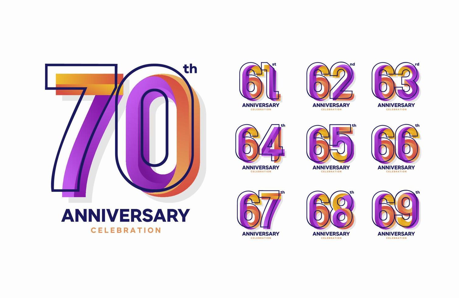 set of colorful anniversary logotype. 61, 62, 63, 64, 65, 66, 67, 68, 69, 70 vector