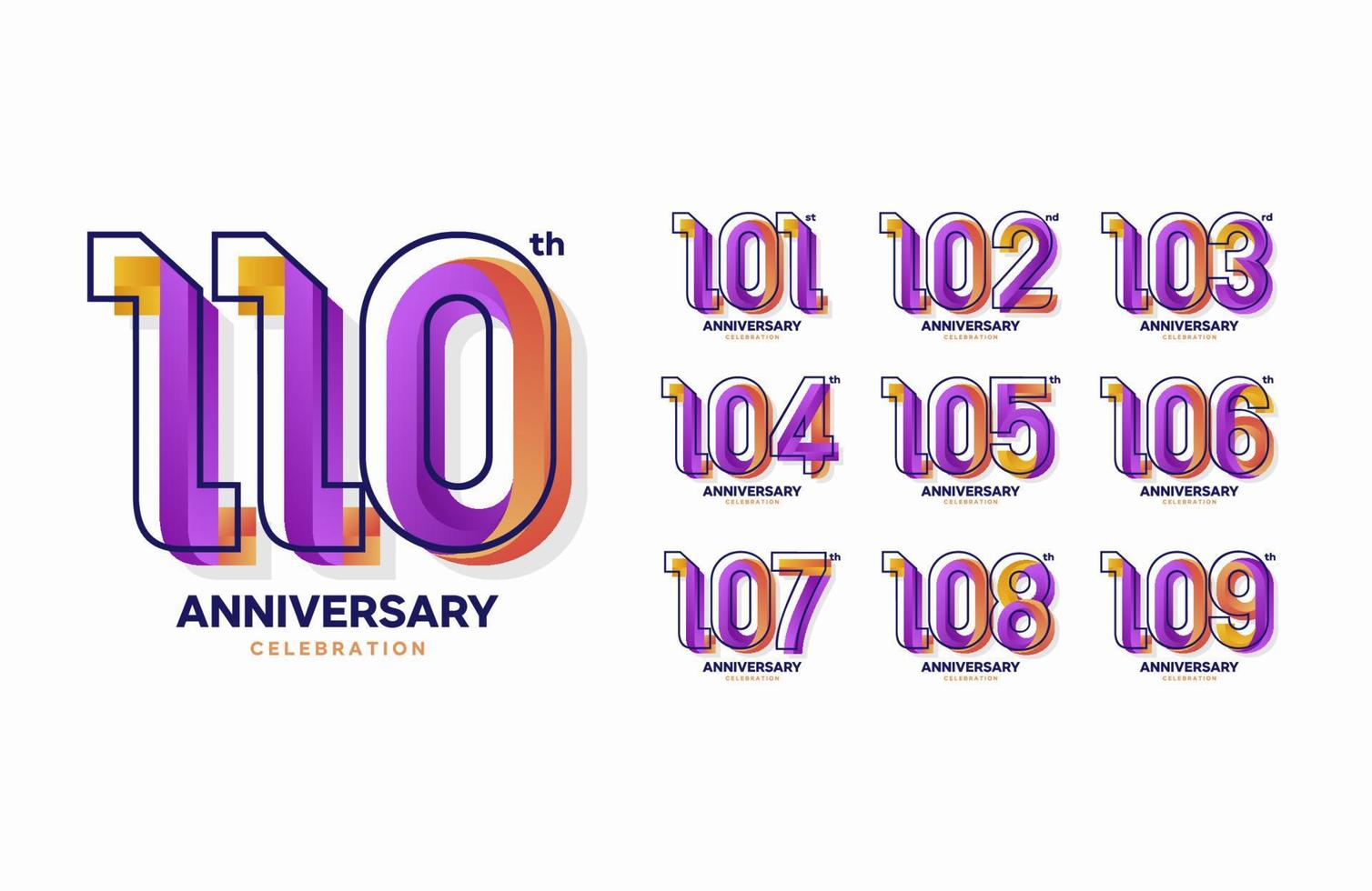 set of colorful anniversary logotype. 101, 102, 103, 104, 105, 106, 107, 108, 109, 110 vector