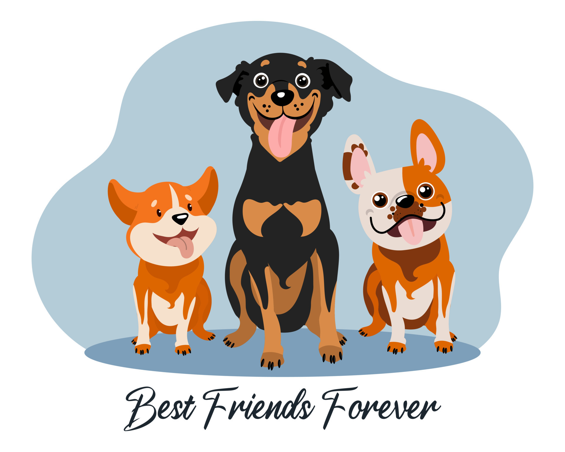 Three funny dogs, horgi, pinscher and bulldog, and text Best friends forever.  Cartoon illustration, vector 13020881 Vector Art at Vecteezy
