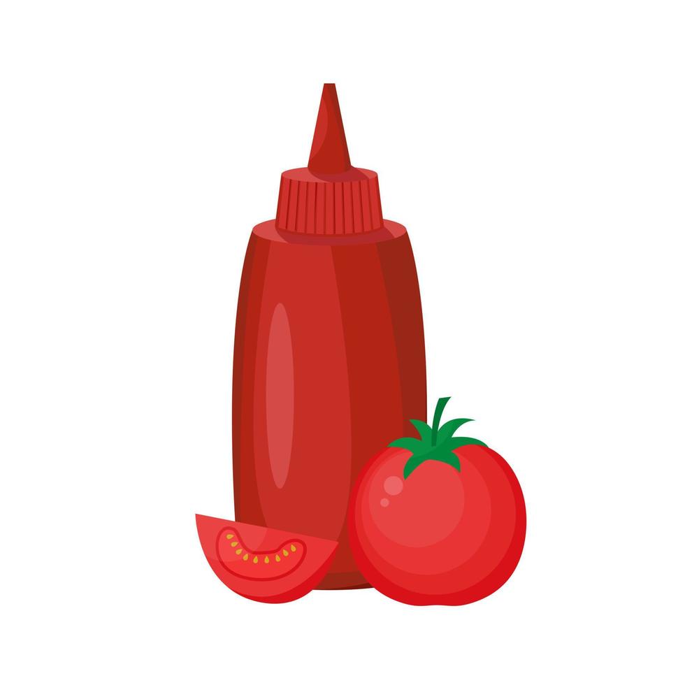 Set of ketchup with sliced and fresh tomato. Red sauce vector