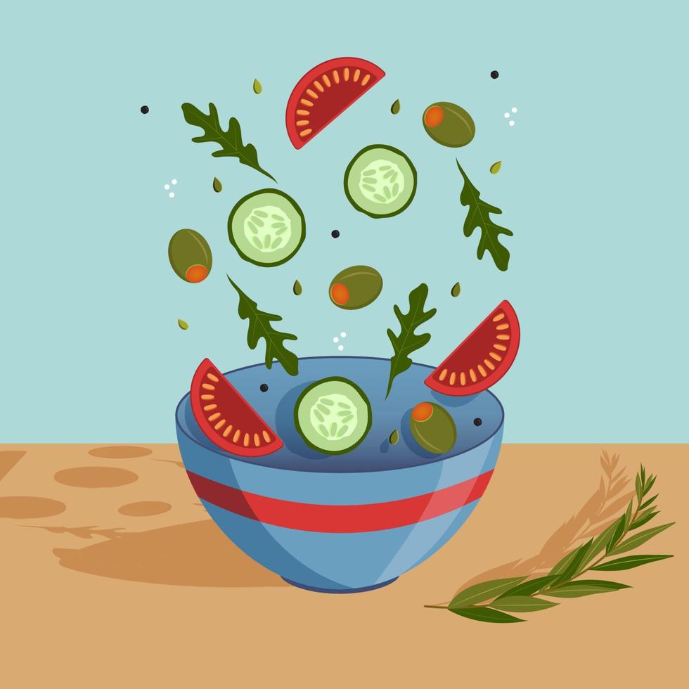 Vegetables salad in a bowl the olive brunch. Vector illustration.