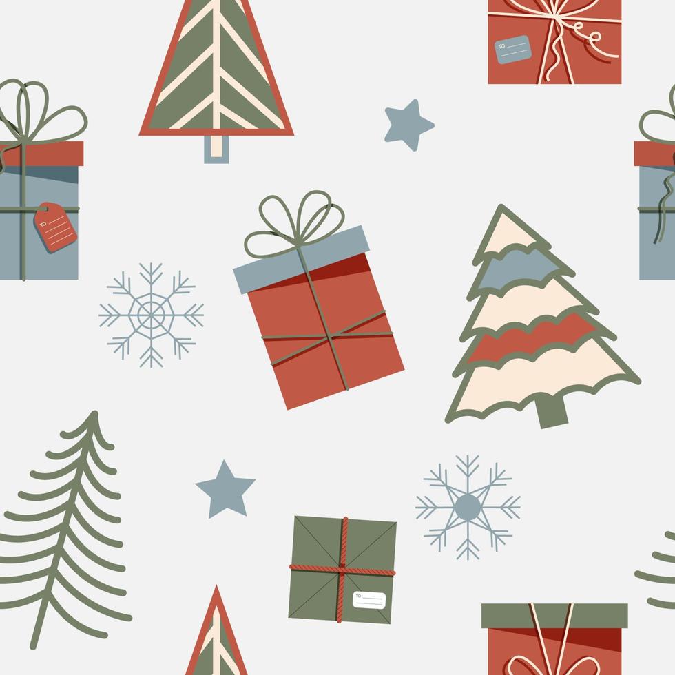 Seamless Christmas pattern with trees, presents, stars and snowflakes. Vector illustration.