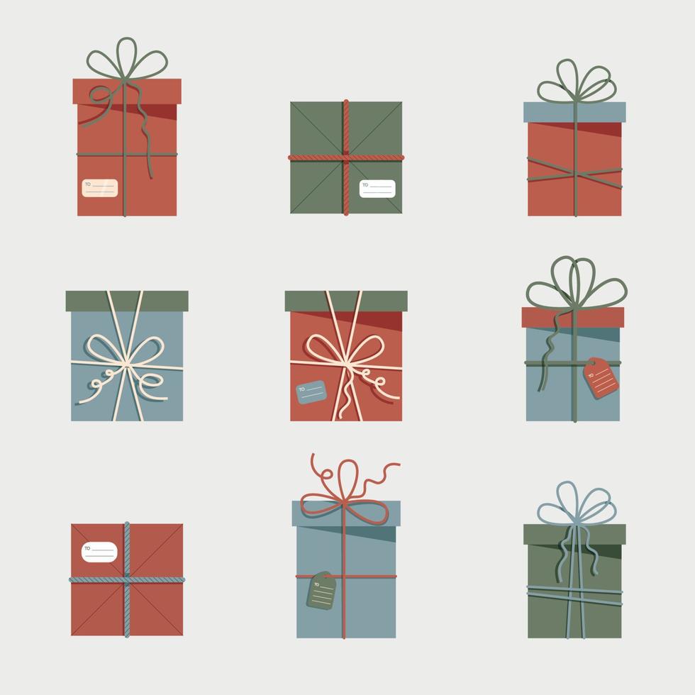 Set of different presents, colorful boxes, gifts. Christmas colours. Modern design. Vector illustration.