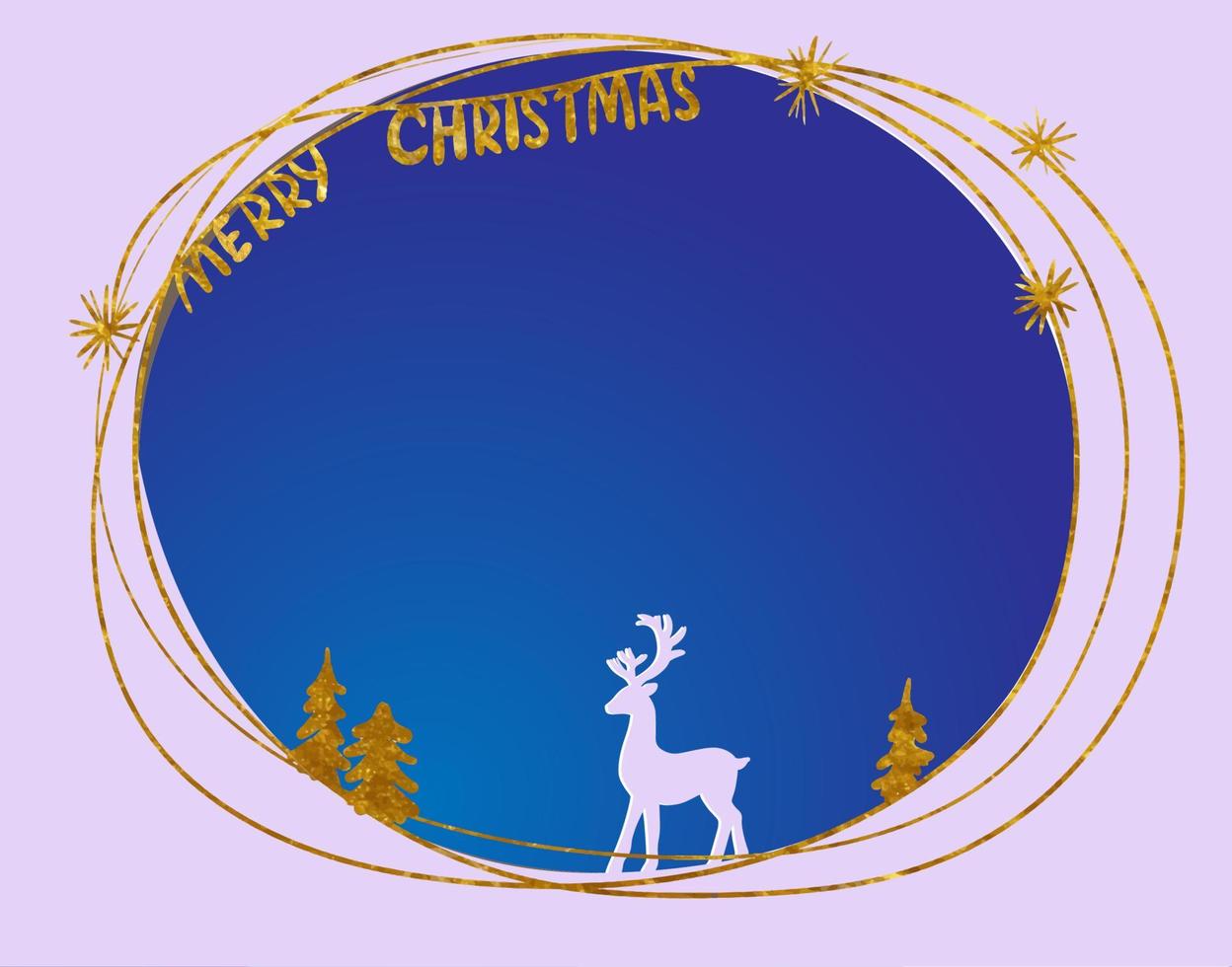 Merry Christmas banner with gold stars deer and forest. 3d paper art and digital craft style on blue night background. vector