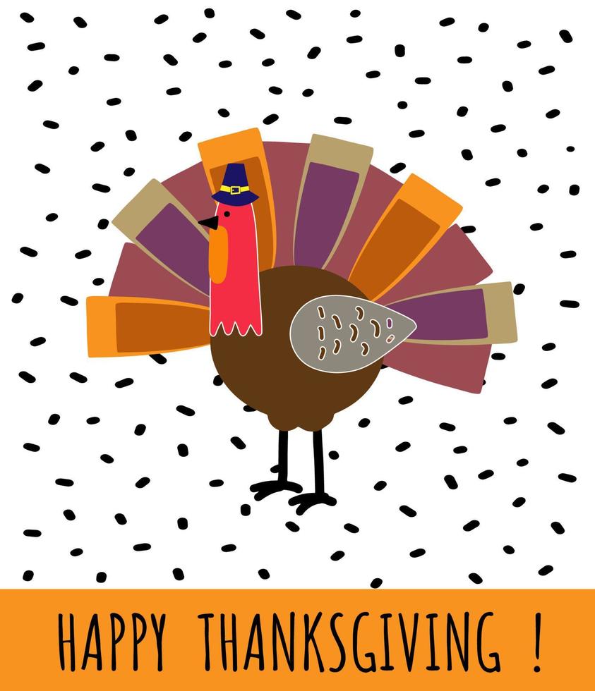 Thanksgiving greeting card with cute funny turkey with pilgrim hat . vector
