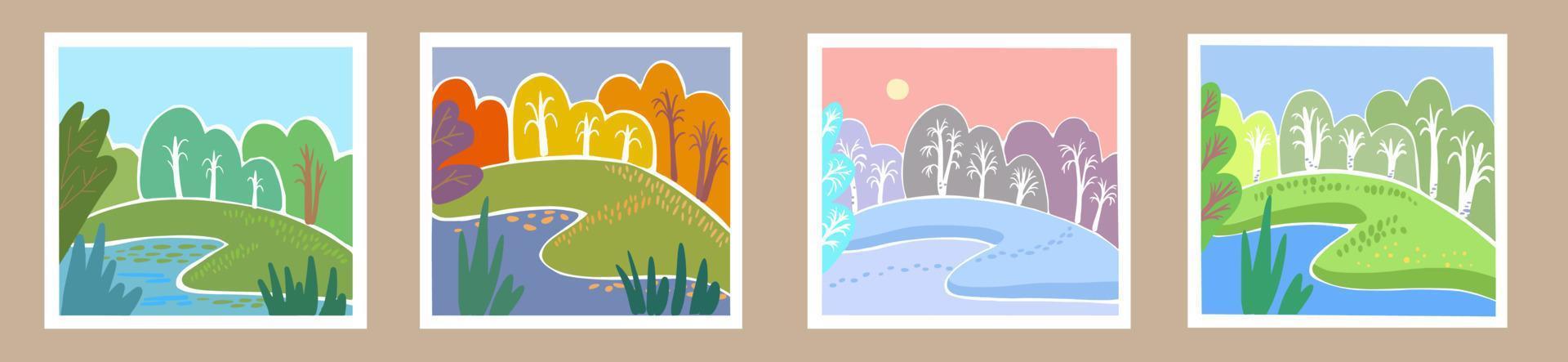 Set of posters for winter, spring, summer and autumn. Cute vector illustration of four seasons.