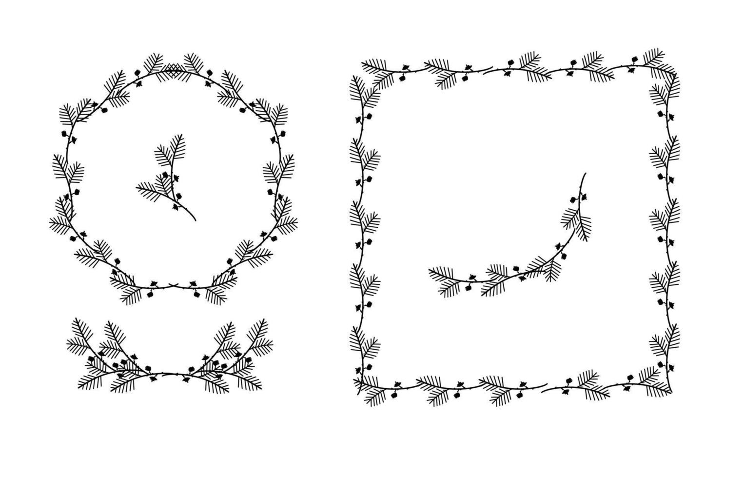 Set of botanical design elements. Frames, borders, wreaths,pine branch . Modern christmas style. Vector isolated illustration.