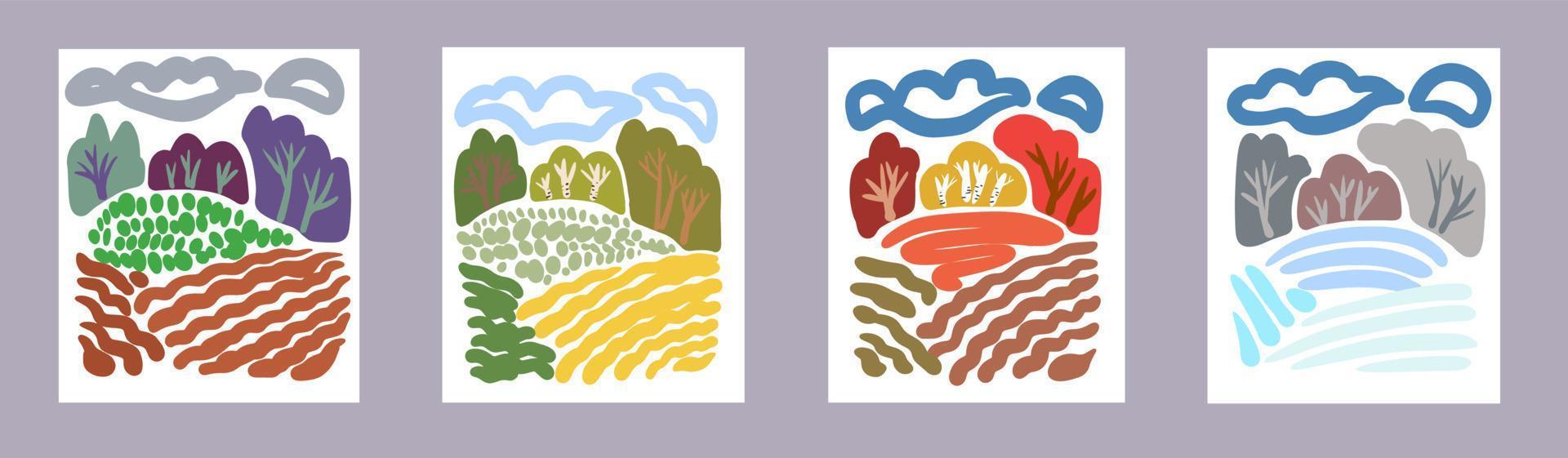 conjunto de carteles para invierno, primavera, verano y otoño. linda ilustración vectorial de cuatro estaciones. vector