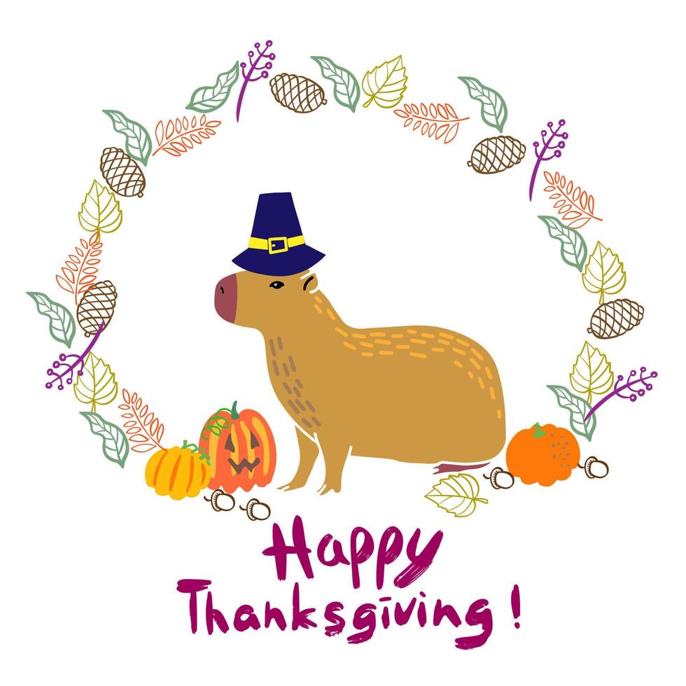 Capybara with thanksgiving hat, Thanksgiving greeting card. vector