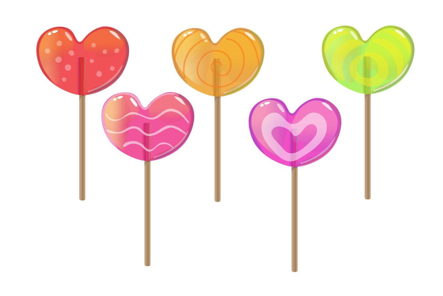 Heart shaped lollipop candy set on wooden stick isolated on white background. Mint, fruit and berries taste lollypops. vector