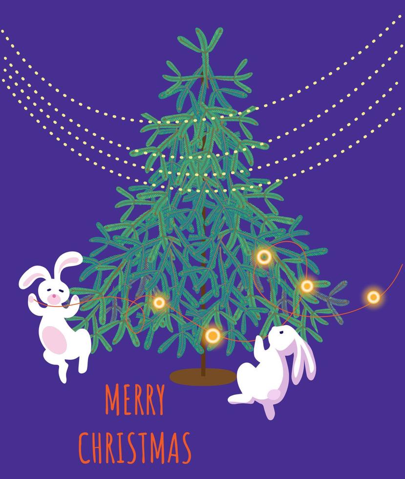tarjeta de felicitación de feliz navidad. lindos conejos de personajes de dibujos animados, conejito decoran el árbol. vector