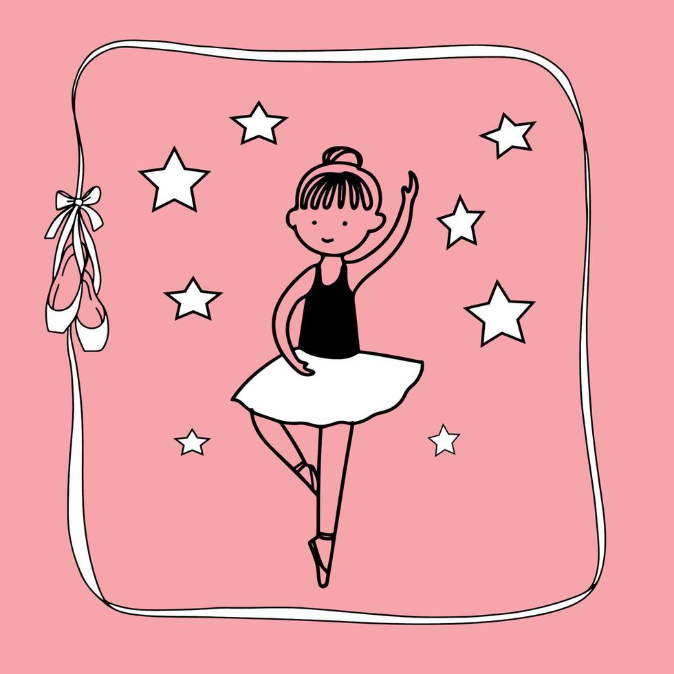 Cute little ballerina girl on pink background , ribbon frame with pointe shoes. vector