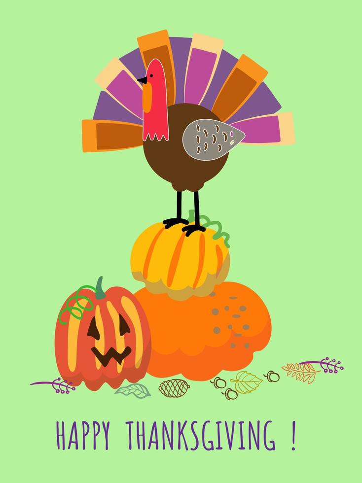 Thanksgiving greeting card with cute turkey on pumpkins. vector