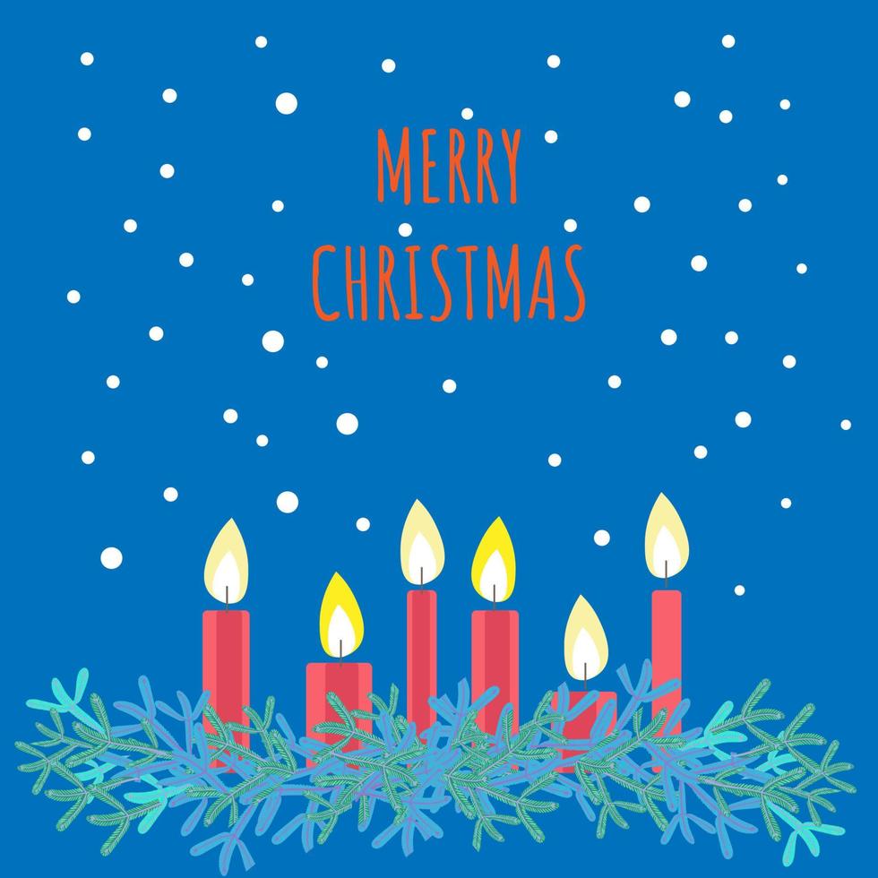 Christmas Greeting Card. Christmas candles and fir decorations. It's snowing. Merry Christmas lettering, vector illustration.