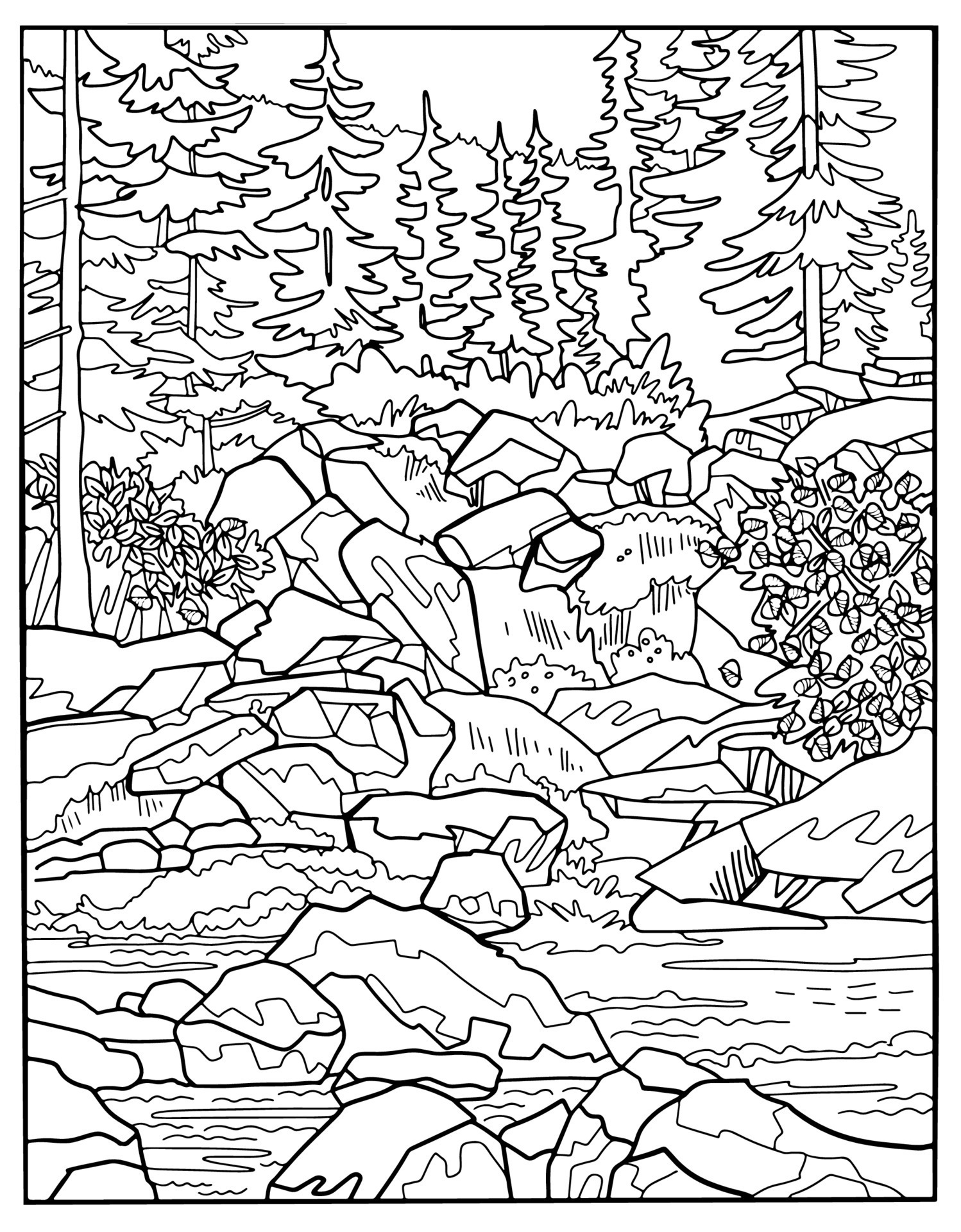 Coloring book . Lovely landscape, rocks and river. Vector art line