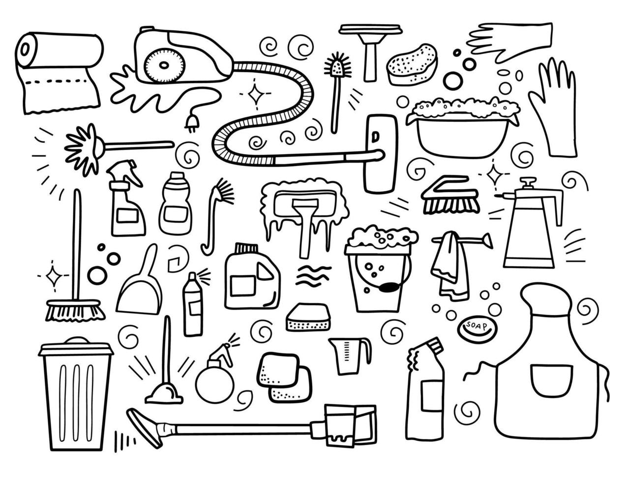 Hand drawn set of cleaning equipments, sponge, vacuum, spray, broom, bucket. Comic doodle sketch style. Clean element drawn by digital brush-pen. Illustration for icon, frame, background. vector