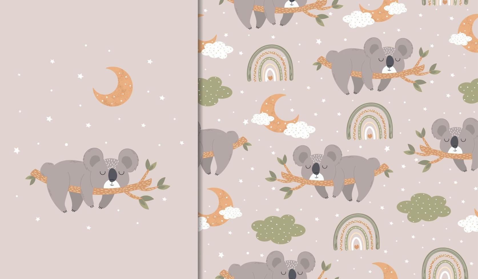 conjunto de carteles y patrones sin fisuras con un koala acostado y durmiendo en una rama. ilustración infantil para carteles, textiles. vector