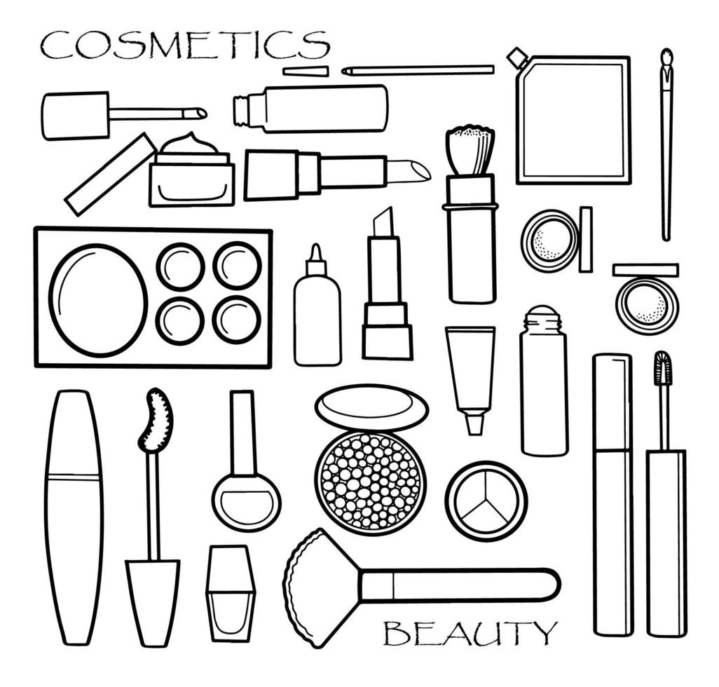 Black and white cosmetics and makeup set in line art style. Vector illustration.