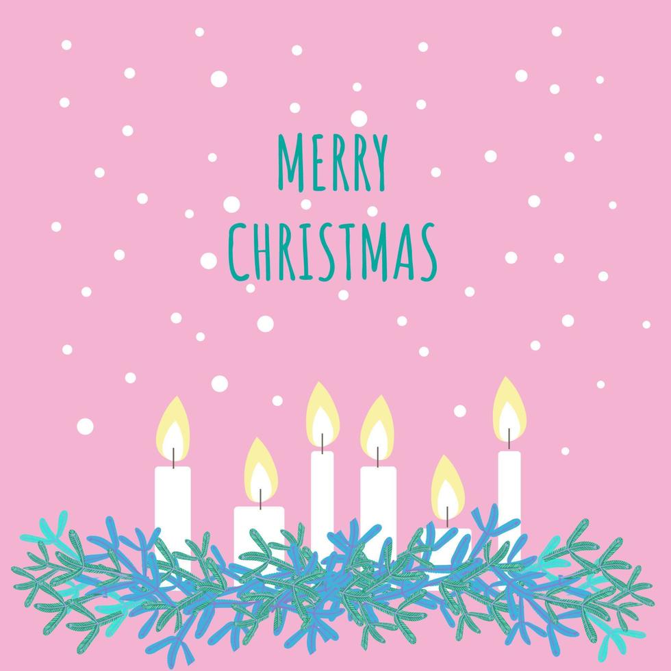 tarjeta de felicitación de navidad. velas navideñas y adornos de abeto. Está nevando. letras de feliz navidad, ilustración vectorial. vector