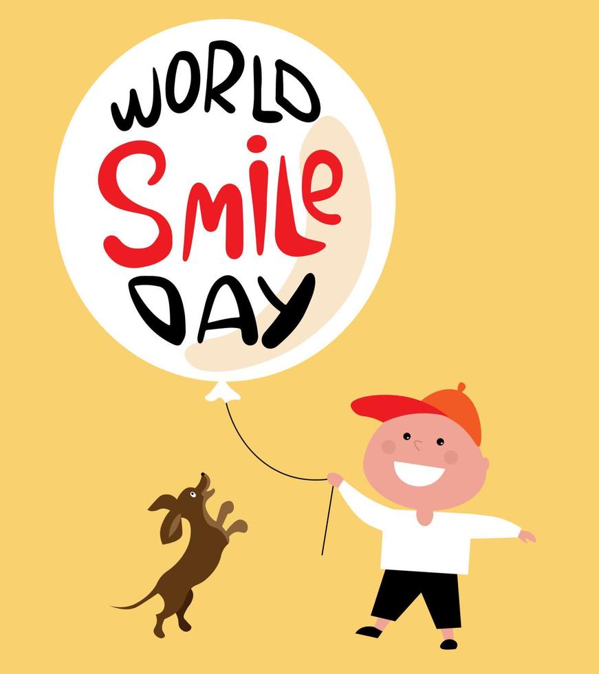 World smile day. Smiling young boy with ballon in hand isolated on yellow background. vector